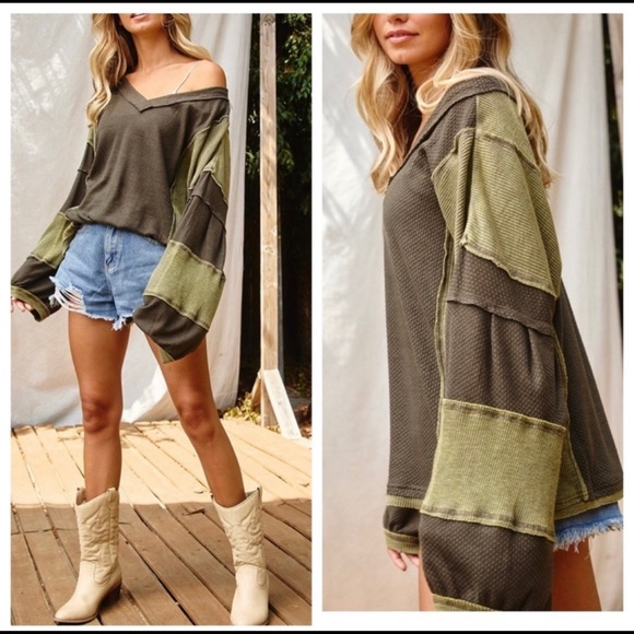 KismetsKloset Tops - Stone Wash V-Neck Raglan Top-MOSS